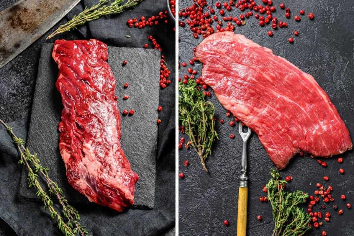 skirt steak vs flank steak, in two photos side by side, both on a slate board with herbs and spi.