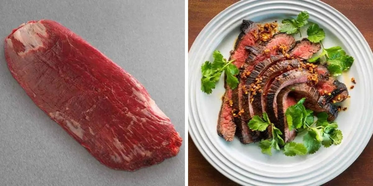 Two photos of Snake River Farms flank steaks side by side, one raw, the other gilled medium-rare and sli.