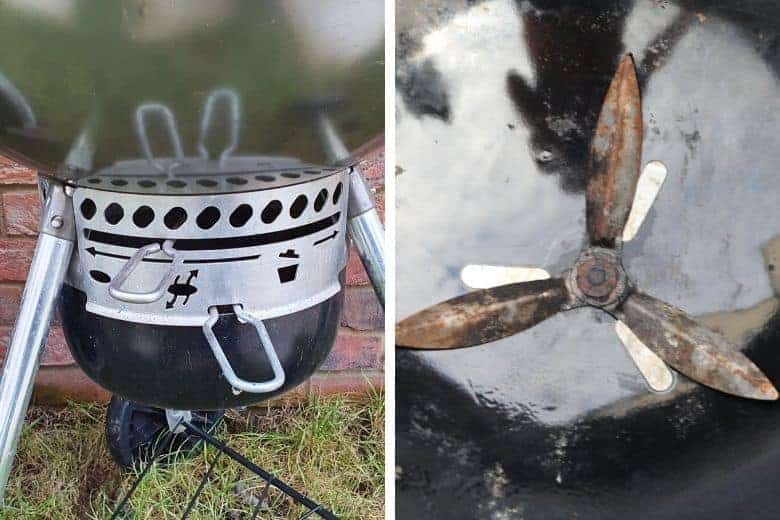 2 images of a charcoal grill intake vent and it's contr.