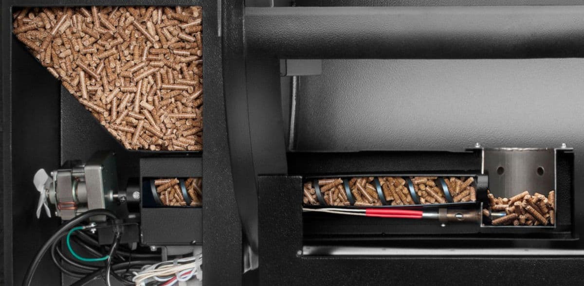 Pellet smoker hopper and auger outlet