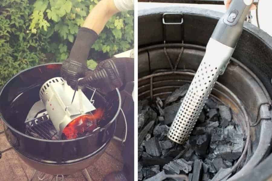 Charcoal chimney and Looftlighter in use side by side lighting charcoal