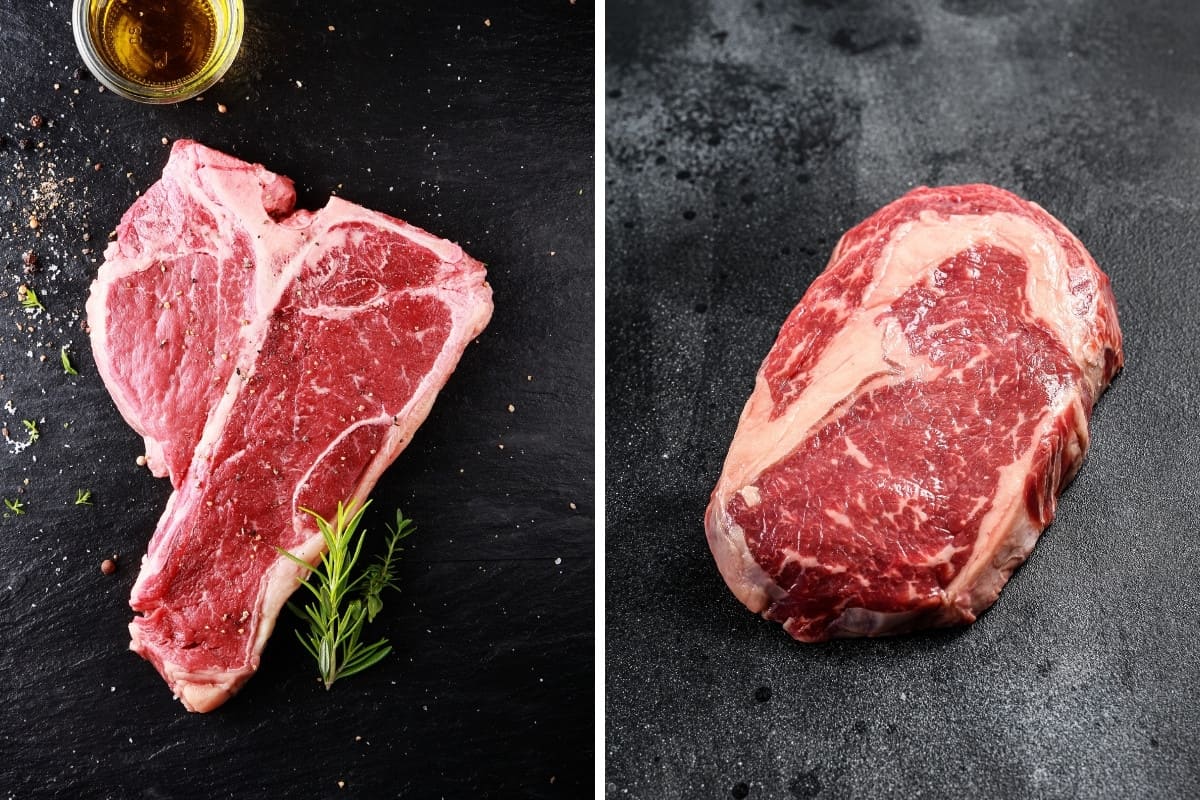 A photo each of ribeye and porterhouse, on slate backgrou.