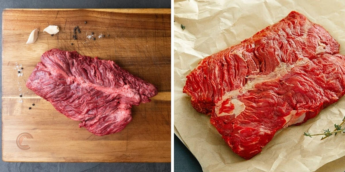 Two photos of hanger steaks from Crowd Cow: One standard, the other a more richly marbled Wa.