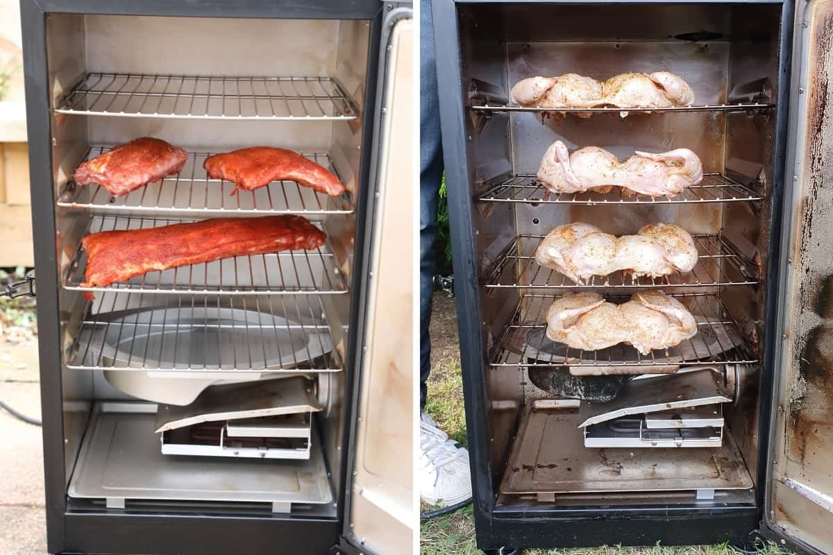 Two photos of Masterbuilt electric smoker during cooking ribs and spatchcock chicken