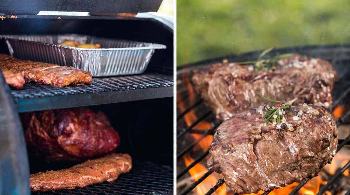 2 photos of smoking and grilling meats, side by side.