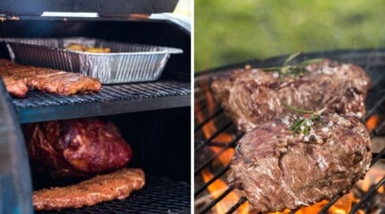 2 photos of smoking and grilling meats, side by side.