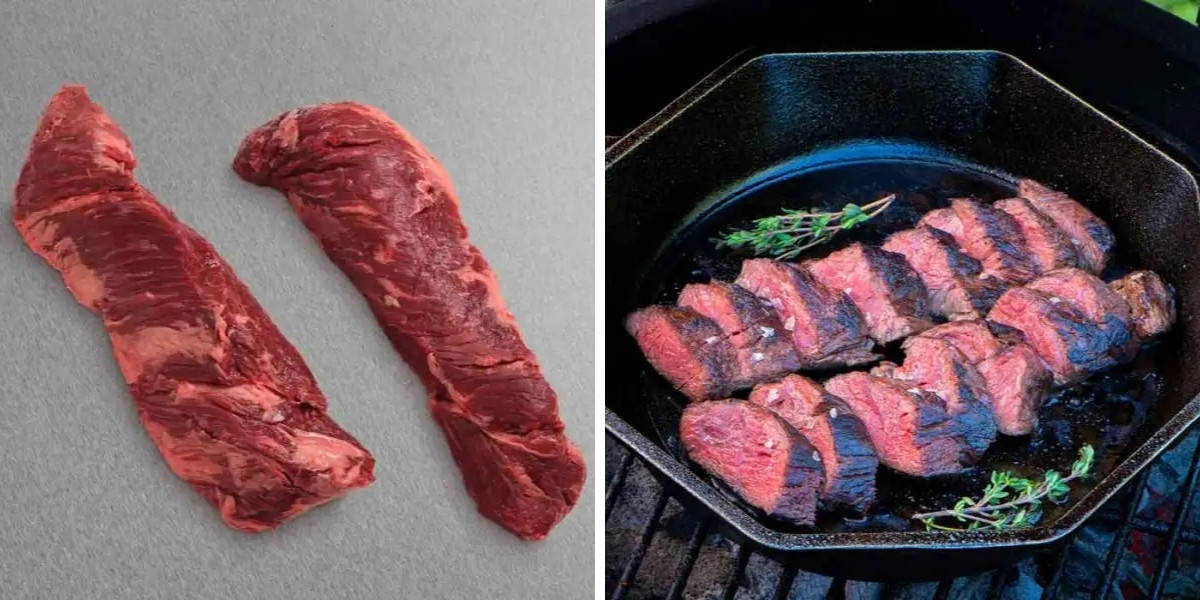 Two photos of snake river farms hanger steaks side by side, one raw, the other grilled and sli.