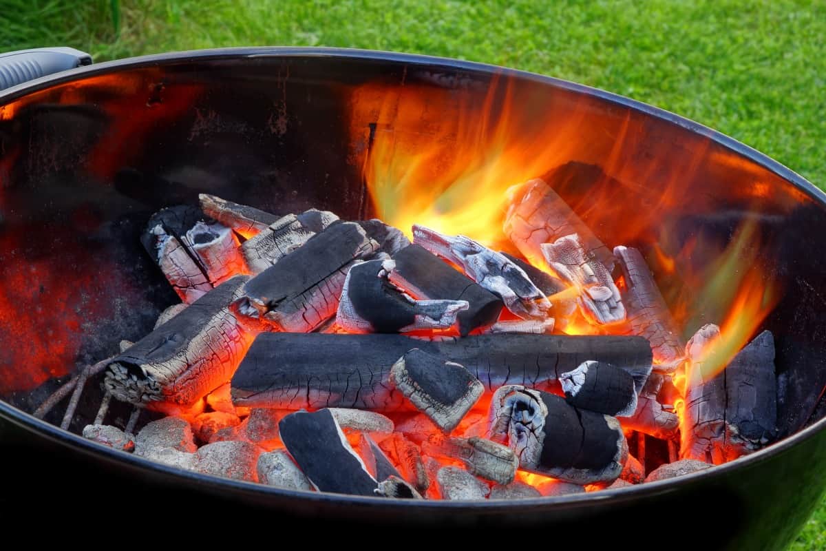 Natural hardwood lump charcoal on fire inside  a round grill with grates and lid remo.