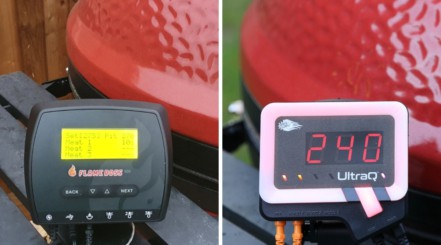 A flame boss 500 and a BBQGuru UltraQ side by side in two separate photos