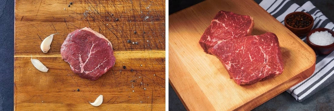 Two top sirloin steak pics from crowd cow: One pasture raised, and the other wagyu or wagyu cross