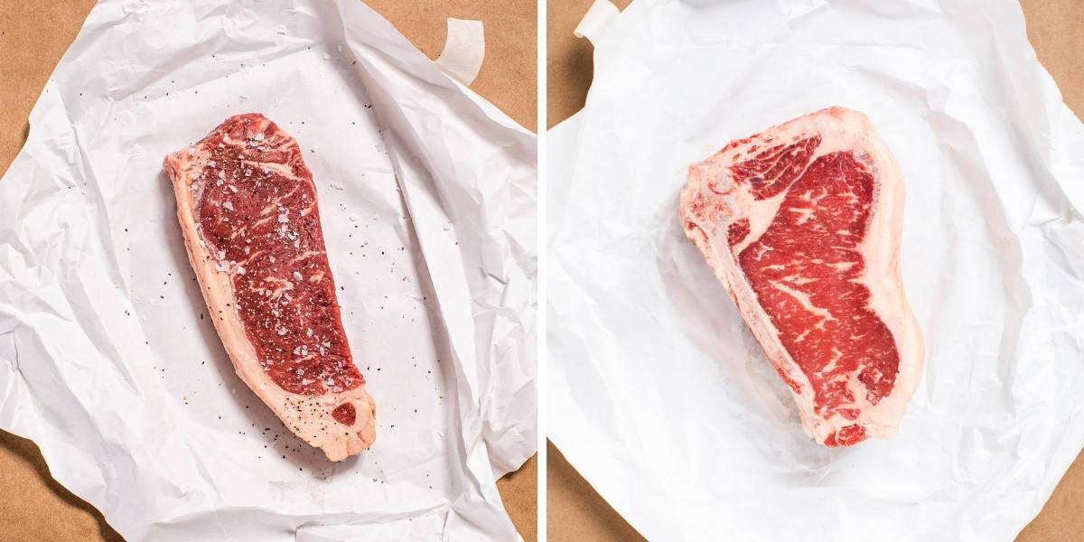 Two photos of NY strip steaks from Porter Road, one boneless, one bone-in, both on white butcher paper