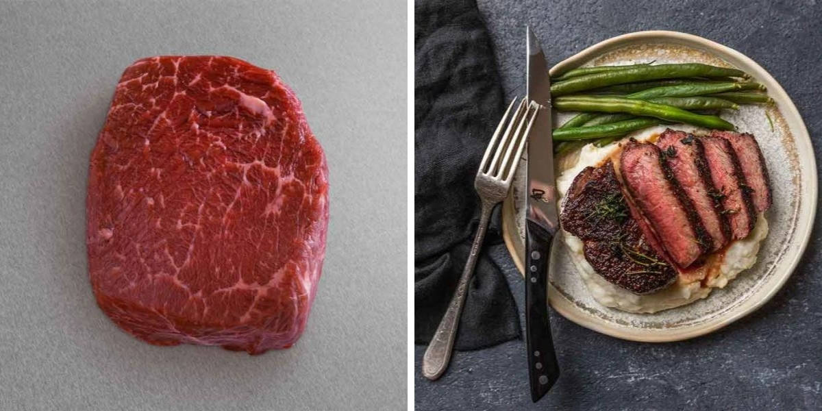 Two photos of Snake River Farms top sirloin, one raw and one cooked medium rare and sli.