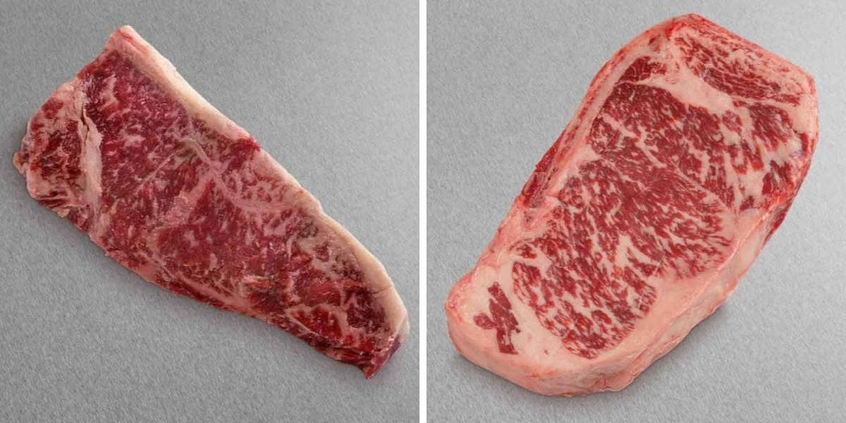 Two photos of NY strip steaks from Snake River Farms side by side, on a dark grey surface