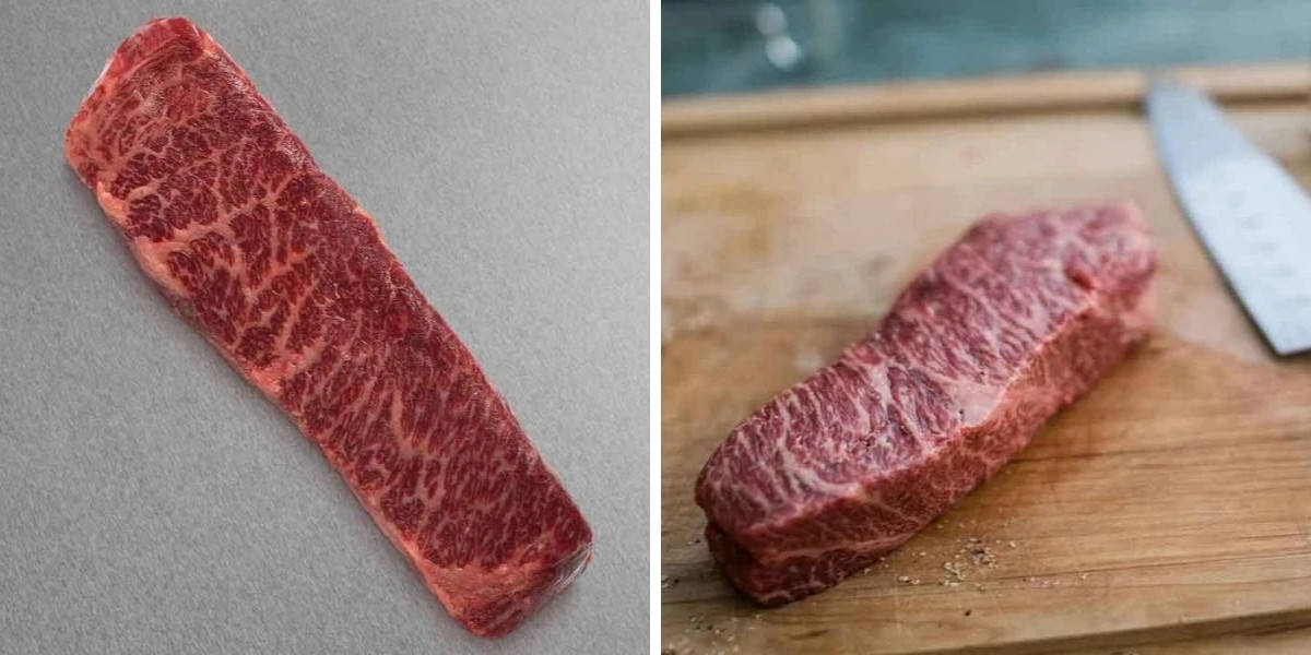Two photos of Snake River Farms Denver Steak, one on a cutting board, one being seared in a cast iron .