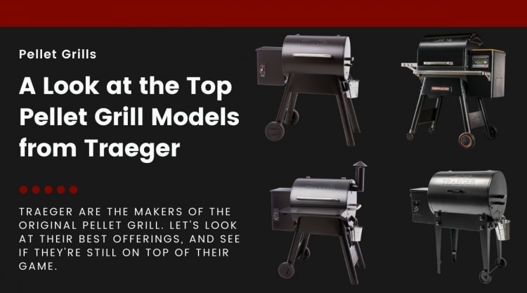 4 different Traeger pellet grills isolated on a black background.