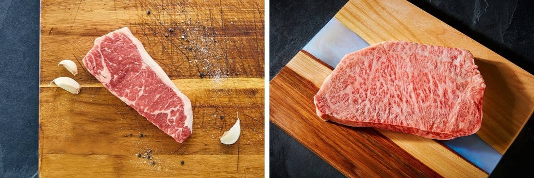 Two photos of crowd cow NY strip steaks side by s.