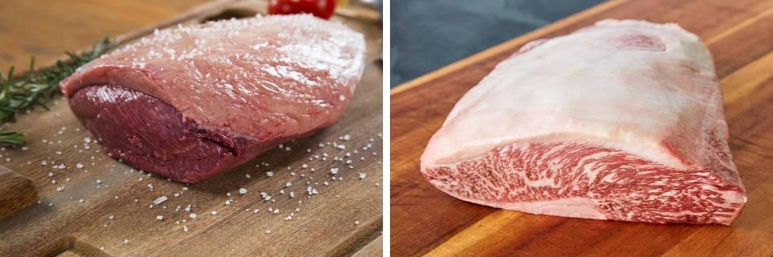 Two photos of Crowd Cow picanha steaks side by side, one normal, and one wagyu