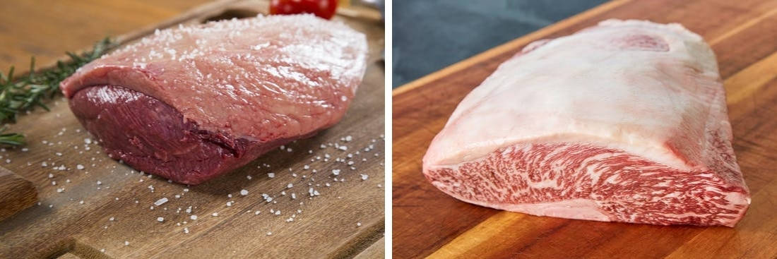 Two photos of Crowd Cow picanha steaks side by side, one normal, and one wagyu.