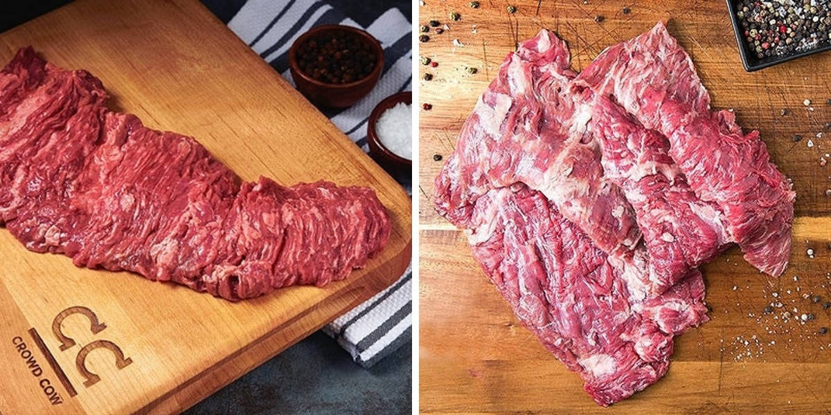 Two photos of skirt steaks from Crowd Cow, one 'normal', and one wagyu