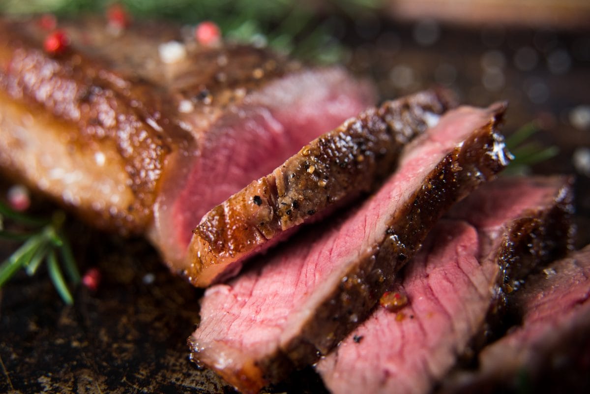 Close up of medium rare, grilled grilled strip st.