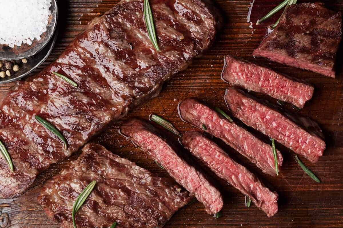 Cooked and sliced medium raw Denver cut steak