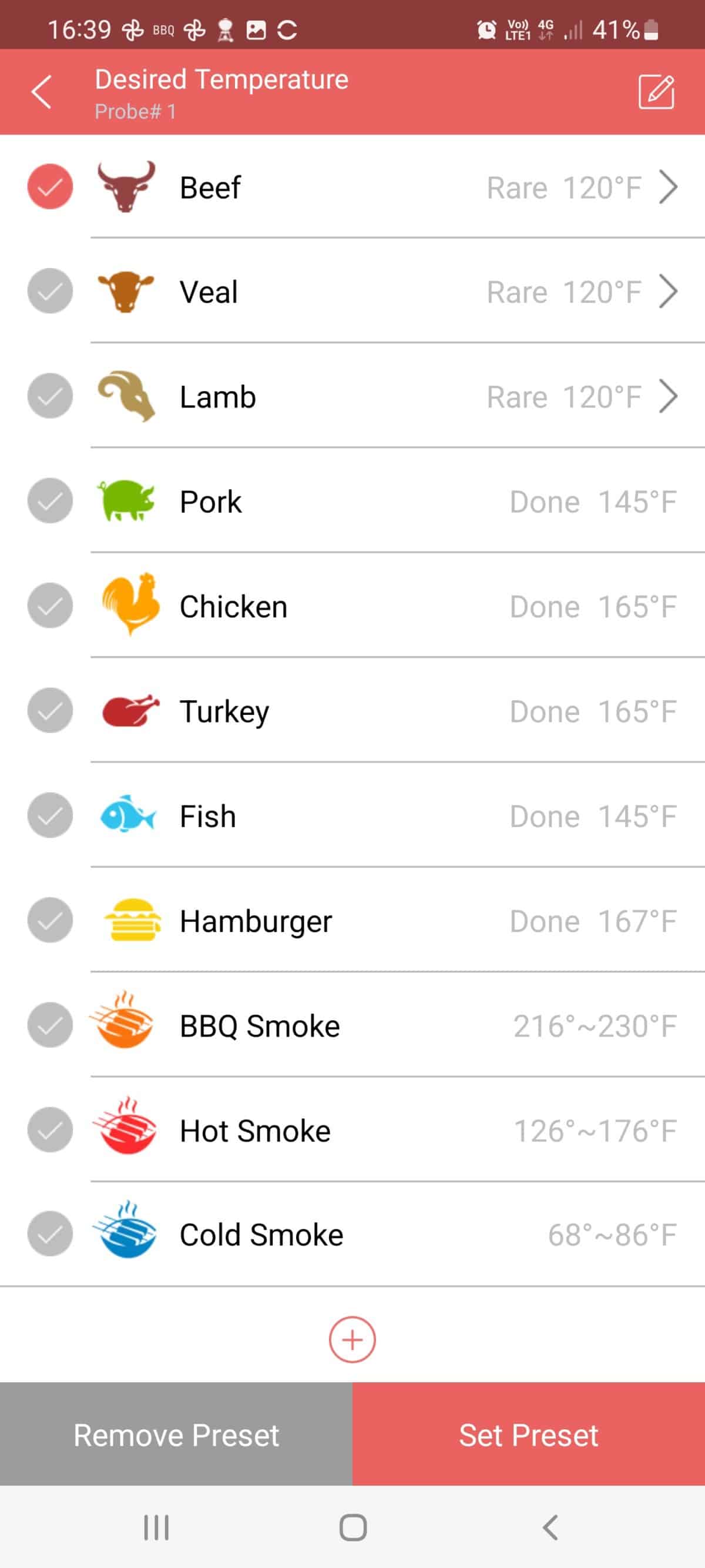 inkbird bbqgo smartphone app screenshot showing food temperature presets