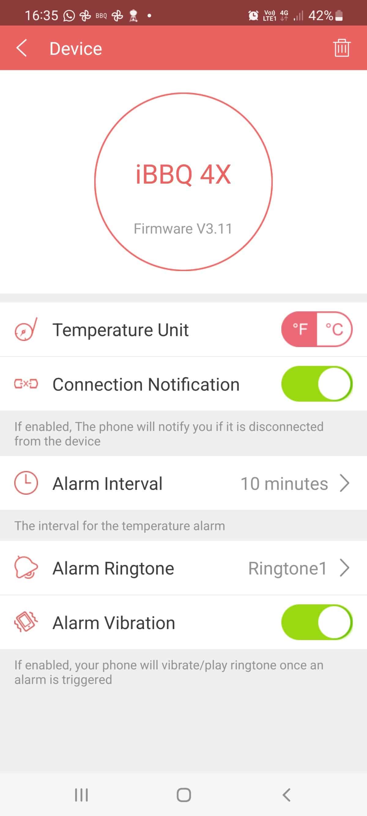 inkbird bbqgo smartphone app screenshot showing settings for the thermometer.