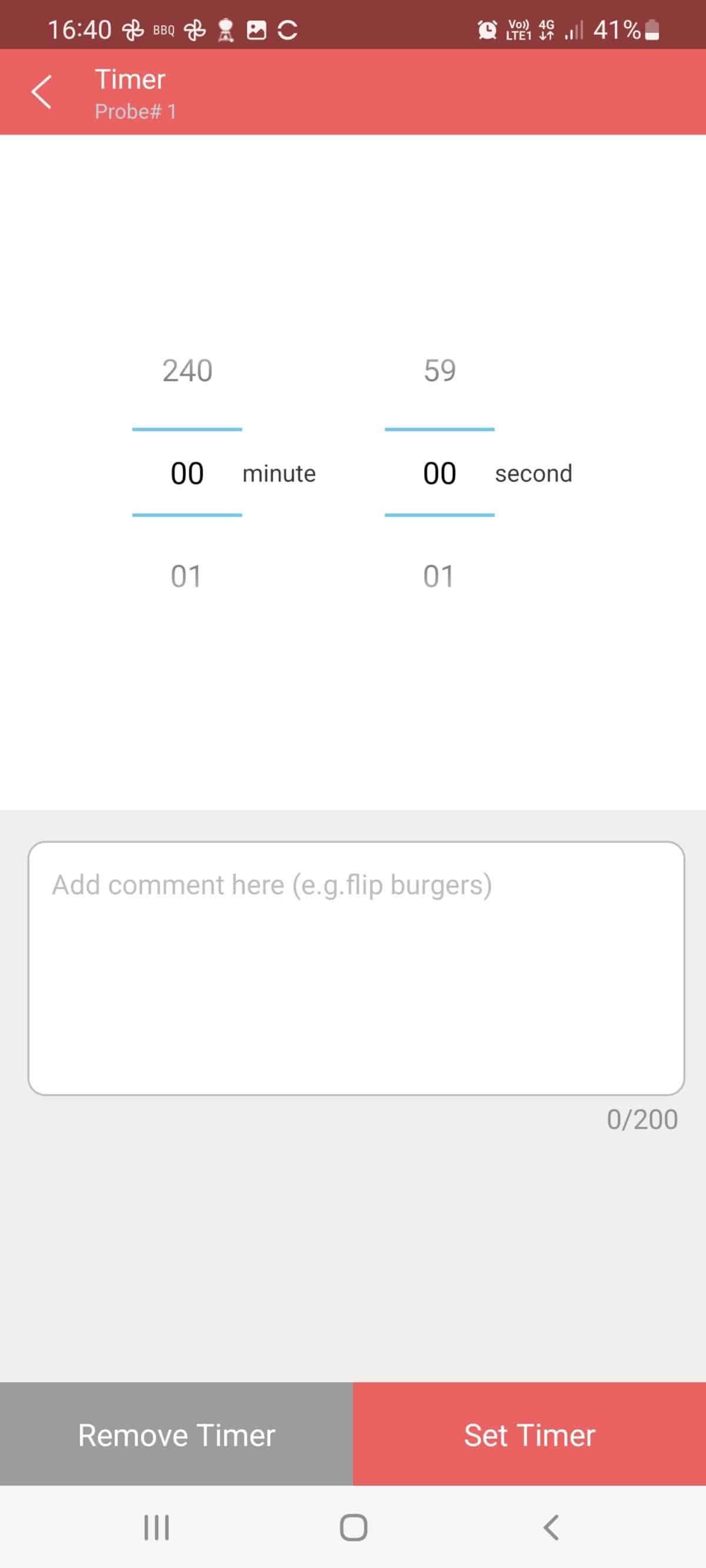 inkbird bbqgo smartphone app screenshot showing how to set a timer.