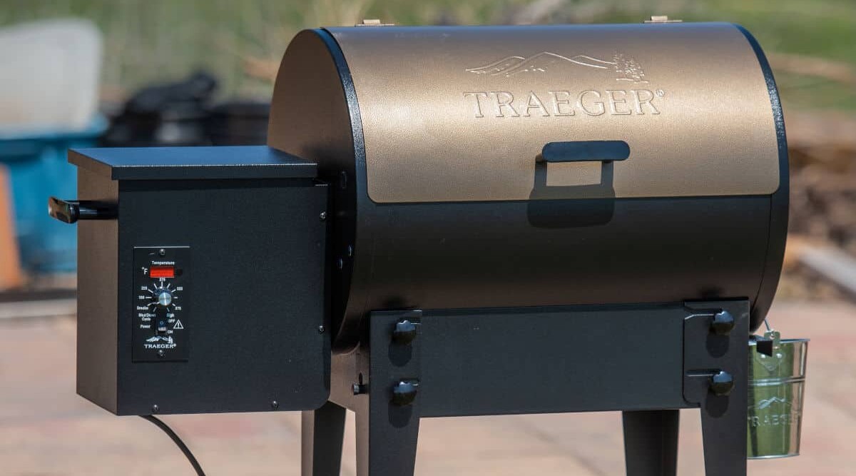 Close up of a bronze colored Traeger pellet grill.
