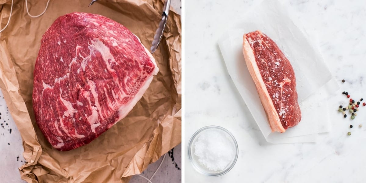 Two photos of picanha from Porter Road, one of the roast, and one of a st.