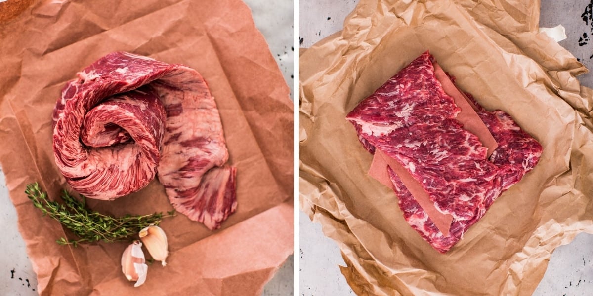 Two photos of Porter Road skirt steaks side by side, one a small skirt, the other la.