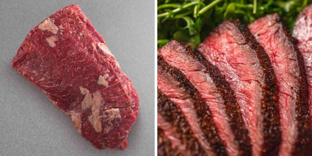 snake river farms bavette steak isolated on grey, next to a close up of the steak cooked and sliced
