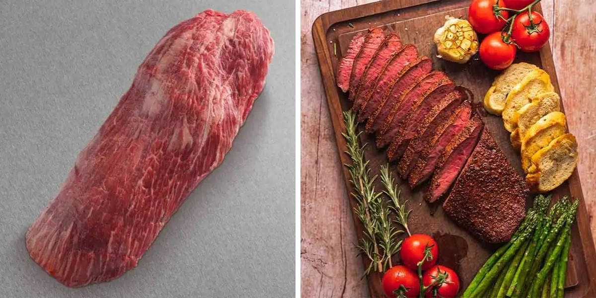Two photos of flat iron steaks from Snake River Farms, one raw, and one cooked medium rare and sliced