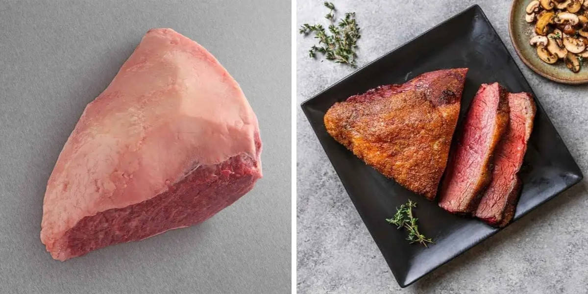 Two photos of Snake River Farms picanhas side by side, one raw on a gray surface, the other cooked medium-rare and sli.