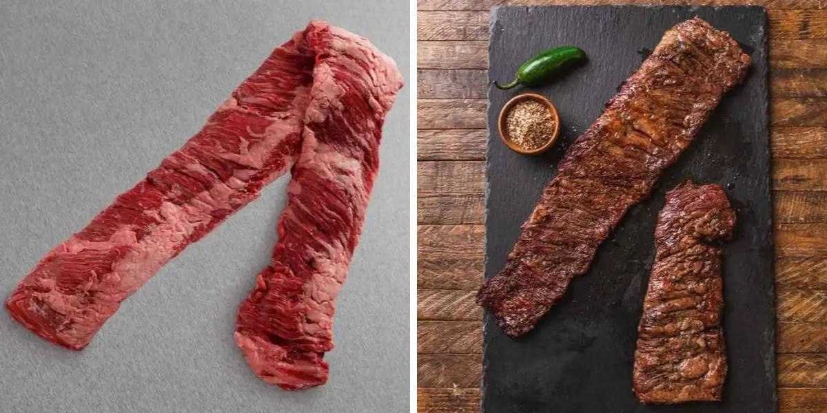 Two photos of skirt steak from Snake River Farms, one raw and one cooked