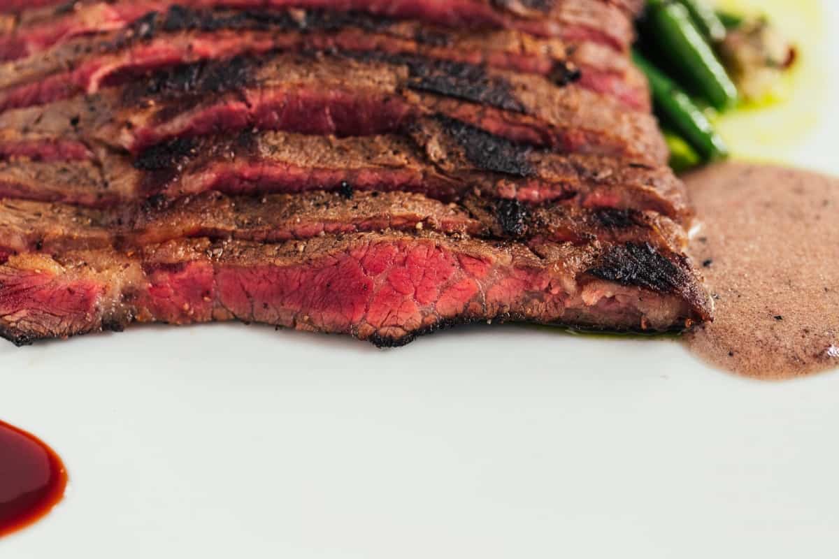 Close up of a grilled and sliced wagyu flat iron st.