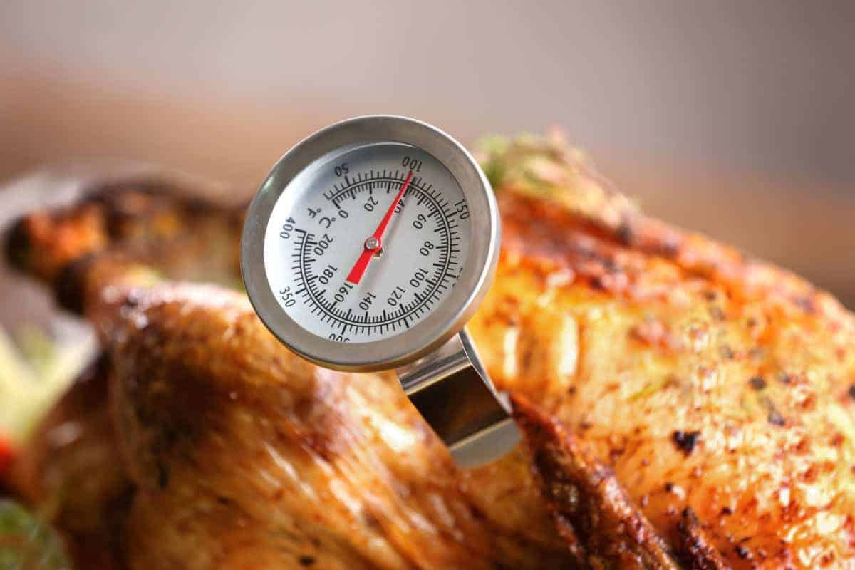 An analog thermometer taking the temp of a chicken