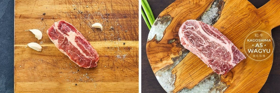 Two photos of crowd cow chuck eye steaks side by side