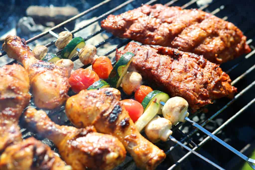 Kebabs and pork on a charcoal gr.