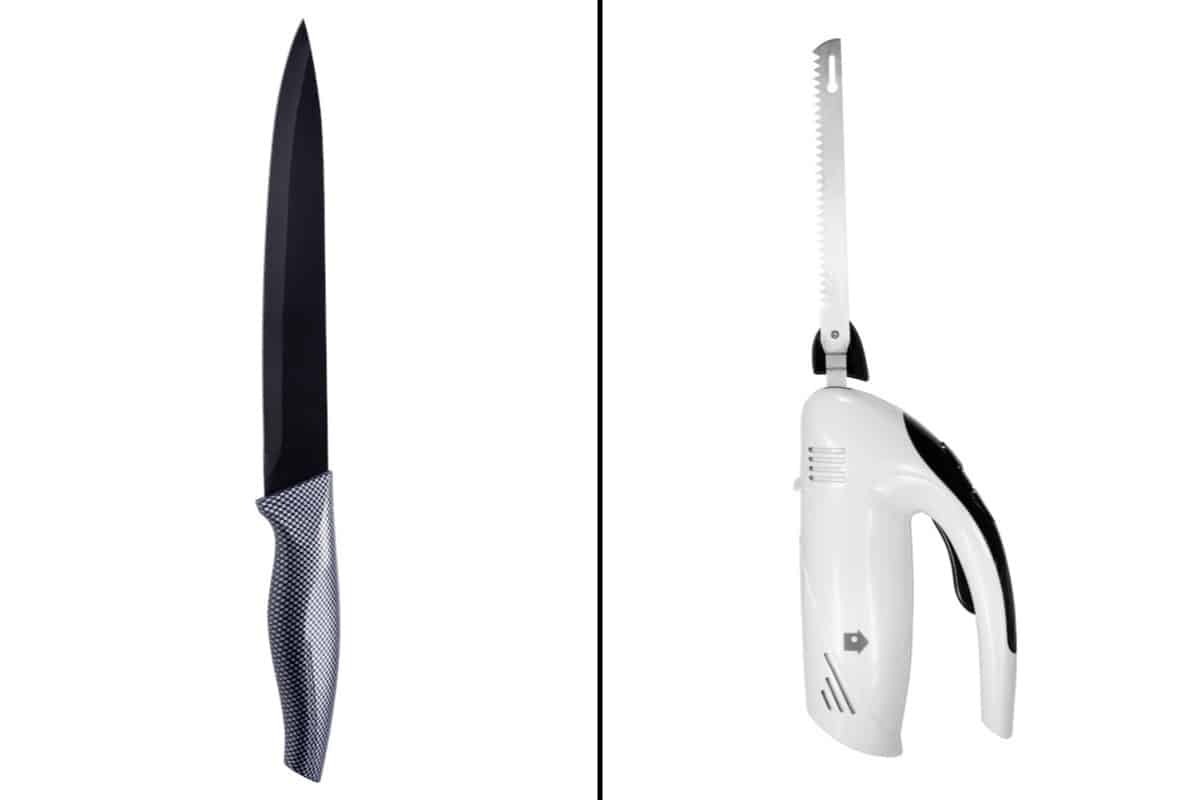 A manual and electric knife, side by side, isolated on wh.