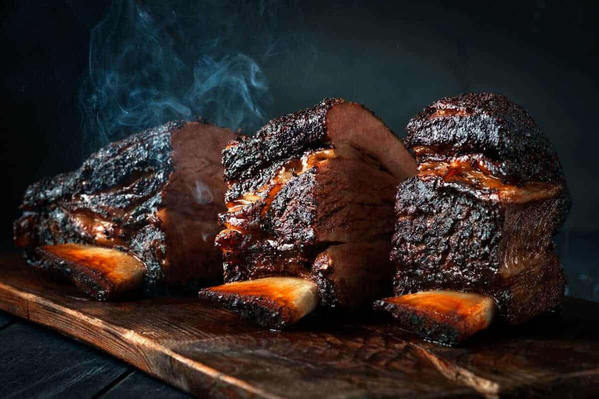 Close up of smoked and sliced beef ribs