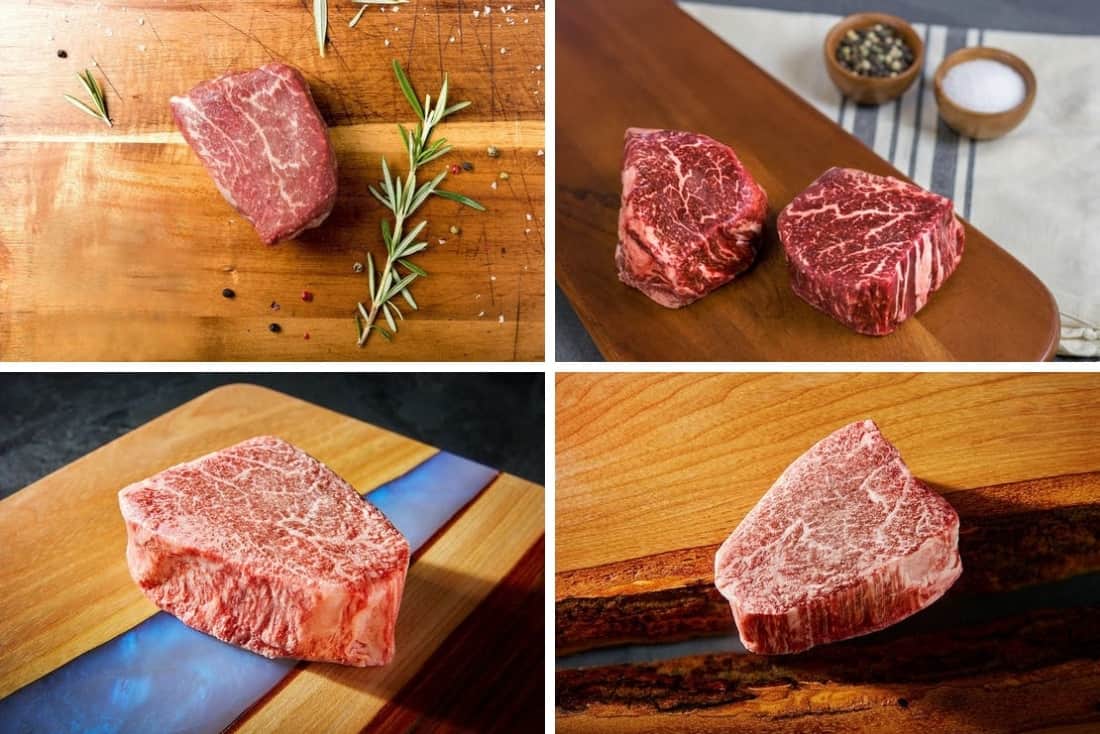 A four photo montage of Crowd Cow filet mignons, including normal, wagyu, and Kobe variet.