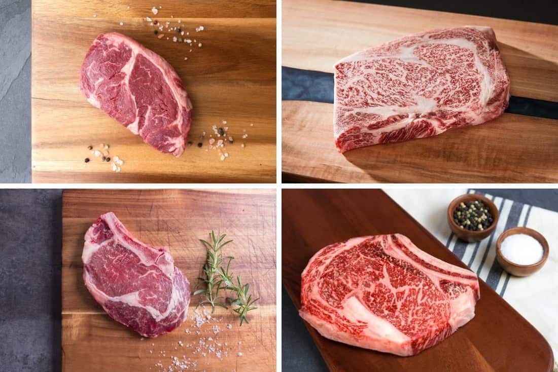 A four photo montage of ribeye steaks from crowd cow, including bone-in, boneless, standard and wagyu ste.
