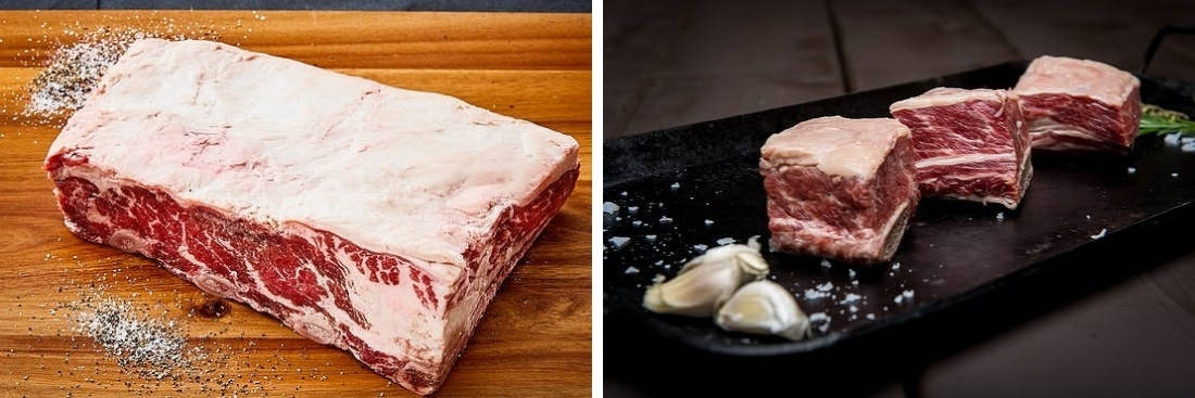 Two photos of short ribs from Crowd Cow, one a full rack with salt and pepper, the second of individual, small wagyu short ribs