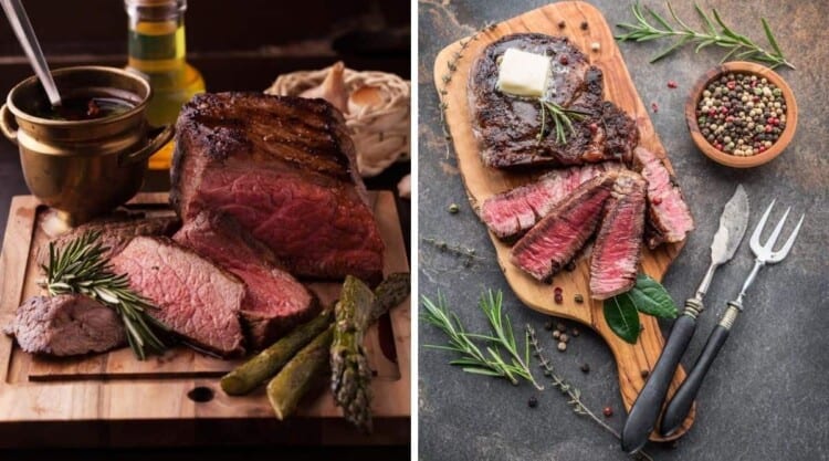 To photos, one of filet mignon, another of a ribeye, side by side