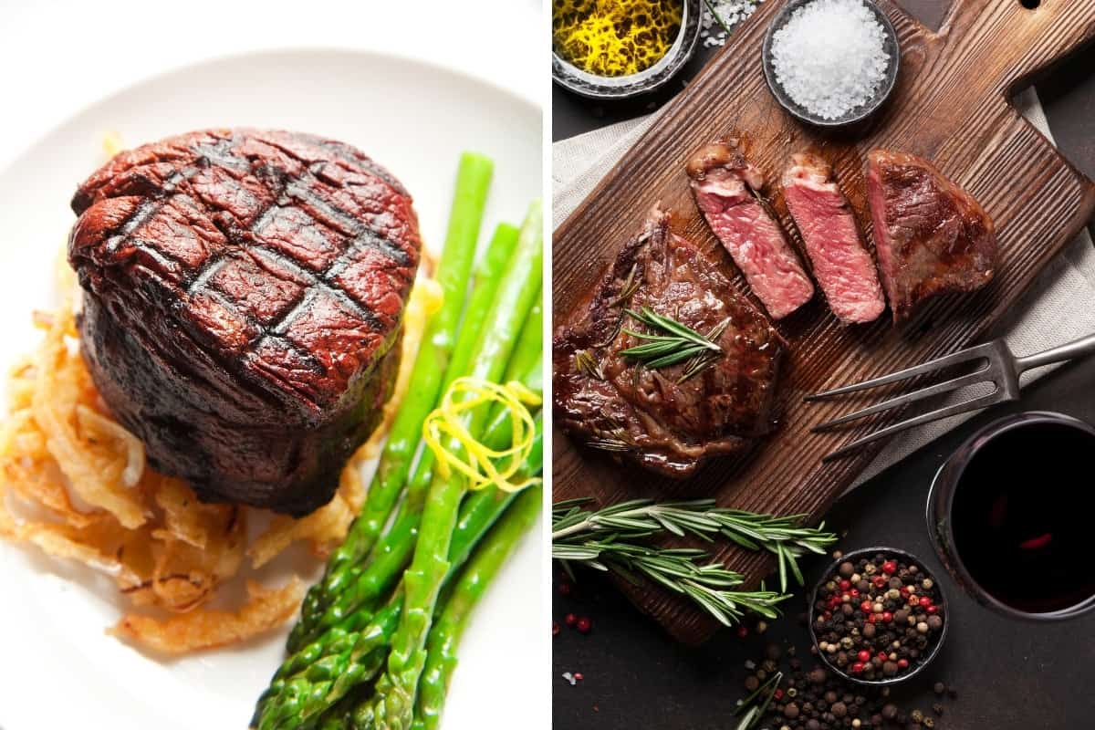 Filet steak with asparagus, next to a photo of a ribeye steak grilled and sli.