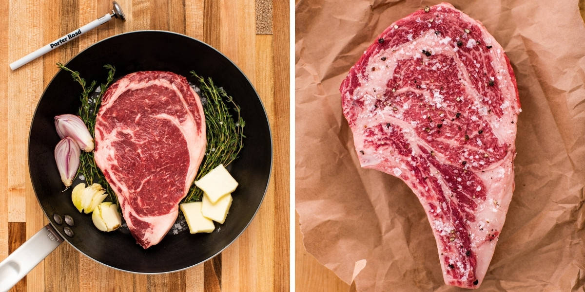 Two photos of porter road ribeyes side by side, a boneless one in a skillet, and a bone-in one on a cutting board rubbed with salt and pep.