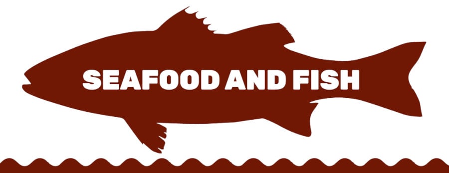 graphic of seafood and fish written inside a silhouette of a f.