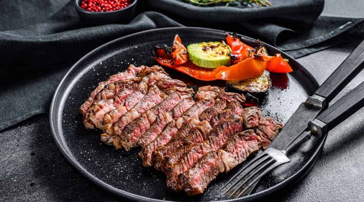 sliced chuck eye steak on a black plate with knife and fork.