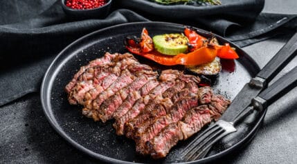 sliced chuck eye steak on a black plate with knife and fork.